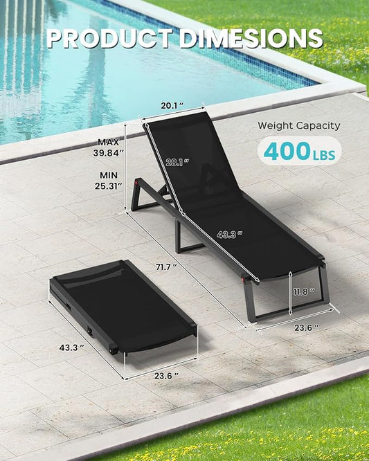 Aluminum Chaise Lounge Chair Outdoor, Foldable& No Assembly Patio Pool Lounge Chairs 5-Position Recliner for Outside, Fully Grounded Legs Sun Lounger for Poolside, 4 Packs, Black
