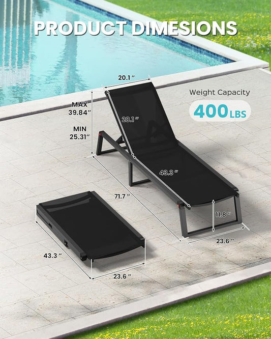 Aluminum Chaise Lounge Chair Outdoor, Foldable& No Assembly Patio Pool Lounge Chairs 5-Position Recliner for Outside, Fully Grounded Legs Sun Lounger for Poolside, Black