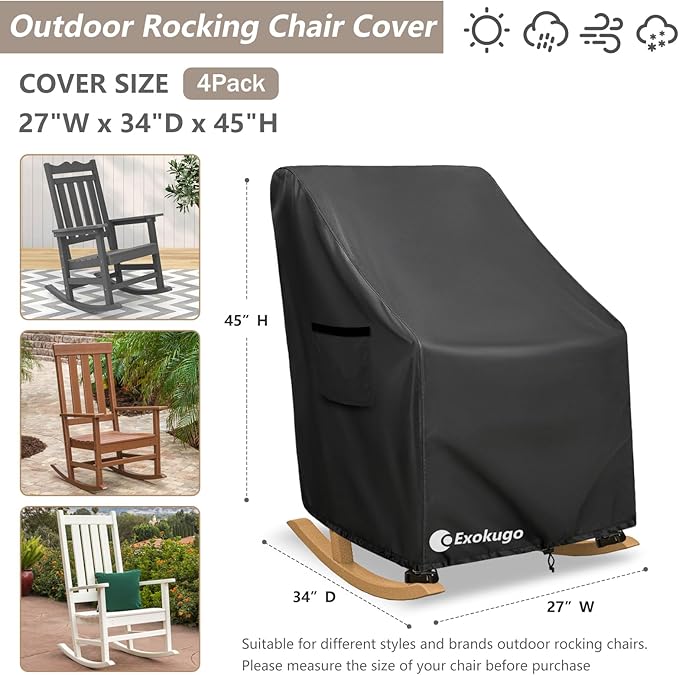 Outdoor Rocking Chair Covers 4 Pack 600D Heavy Duty Waterproof - Patio Furniture Covers for Outdoor Rocking Chairs - All Weather Protection 27x34x45 Inches Black