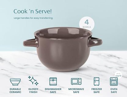 KooK French Onion Soup Bowls, Crocks, Oven Safe Bowls, Soup Mugs, Ceramic Bowls, Dishwasher, Microwave, Set of 4, 18 oz (Dark Mauve)