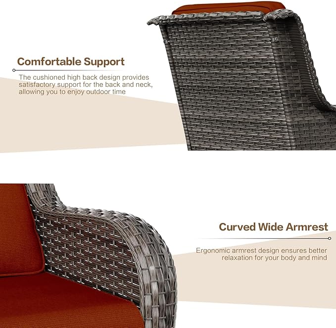 5 Pieces Outdoor Patio Furniture Conversation Set PE Rattan Wicker with a 3-Seater Sofa, 2 Armchairs, 2 Outdoor Ottomans for Yard Backyard (Brown/Orange)
