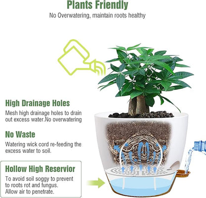 UOUZ 12inch 2Pack Large Self Watering Planters, Plastic Plant Pots with 60oZ Removable Deep Reservoir and Multi Mesh Drainage Holes for Indoor Outdoor Garden Plants and Flowers, White with Brown