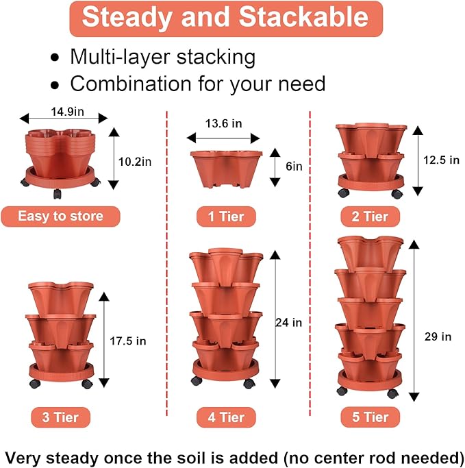 GameXcel Vertical Planter Tower - 5 Tier Stackable Garden Planters with Wheels and Tools Plant Pots for Strawberry Herb Flower and Vegetable Indoor Outdoor Use Red