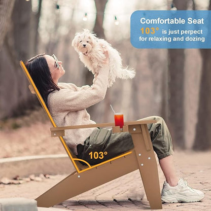 MXIMU Modern Adirondack Chairs Set of 4 Weather Resistant with Cup Holder Oversize Plastic Fire Pit Chairs Plastic Outdoor Chairs for Firepit Area Seating (Teak)