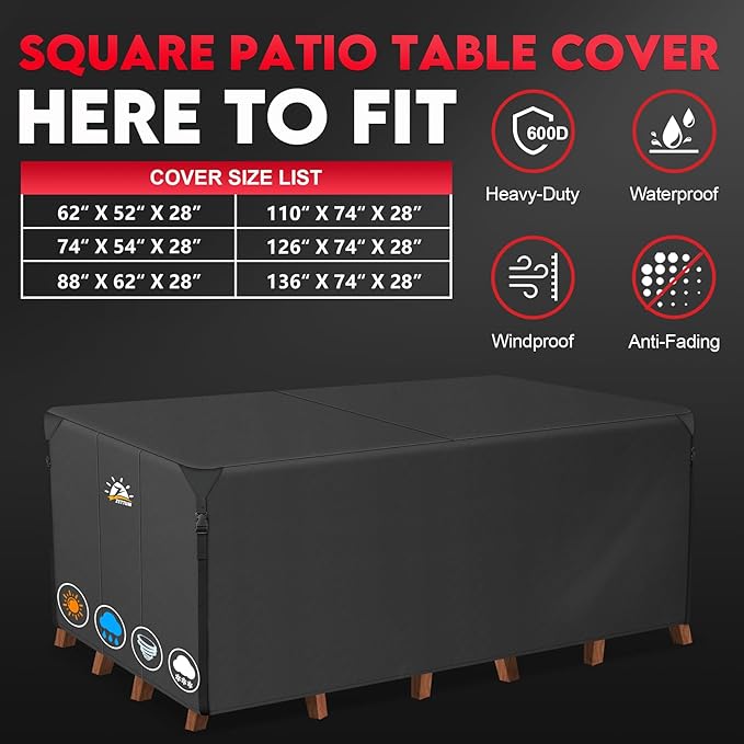 Zettum Patio Furniture Cover Rectangle - 62 Inch Outdoor Table Cover Waterproof & Heavy Duty, 600D Lawn Furniture Set Covers for Outside Rectangular Dining Table and Chairs Combo - 62 x 52 x 28 Inch