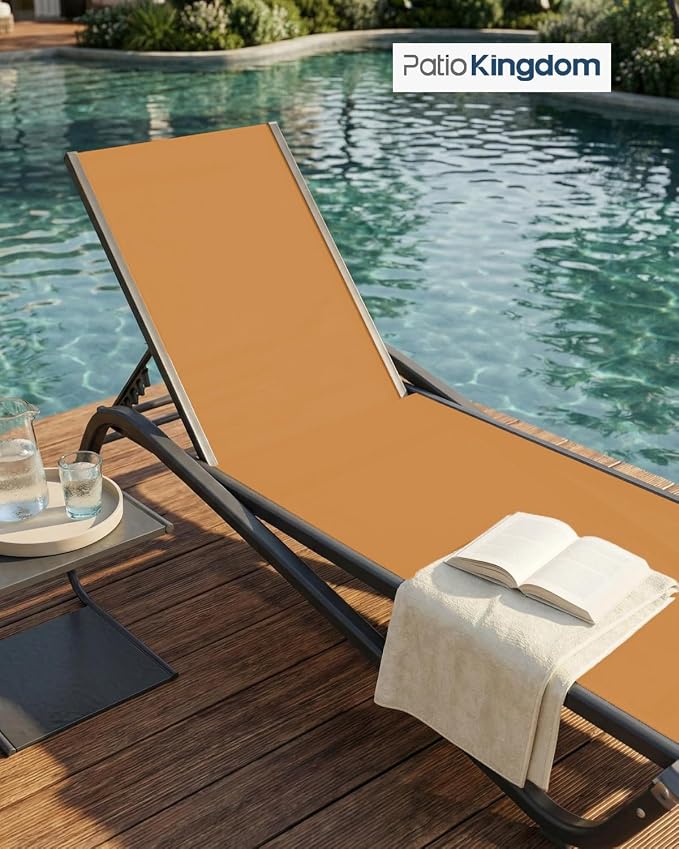 Adjustable Patio Chaise Lounge Chair, Outdoor Pool Lounger for Sunbathing & Tanning, All-Weather Textilene Sun Bed for Beach, Porch & Deck, Rust-Proof Aluminum Frame, Solar Orange
