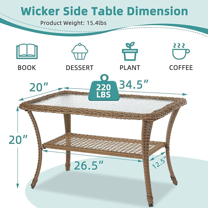 MEETWARM Wicker Patio Coffee Table, 34.5" Rectangle Outdoor Coffee Table with Tempered Glass Top and 2-Tier Storage Shelf, All-Weather Rattan Patio Side Table for Outside Poolside Deck Garden, Brown