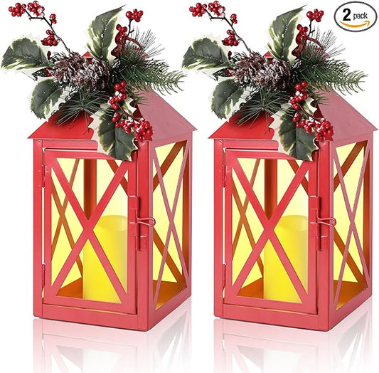 Taman Christmas Lantern,2 Pack Hanging Flickering Candle Lanterns Decorative Metal Vintage Light Battery Operated Umbrella Lights for Christmas Patio Garden, Table,Party Decor