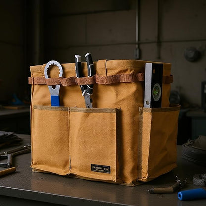 Water Resistant Gardening Tool Bag with Handles - 6 Pockets Utility Self-Standing Organizer for Camping/Garden/Car Storage, 14" x 13" x 10" | Khaki