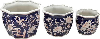 Galt International Blue & Pink Round Fluted Floral Porcelain Ceramic Plant Flower Planter Pot Set of 3 (7.5", 10", 13") Garden Pots Chinese Asian Design