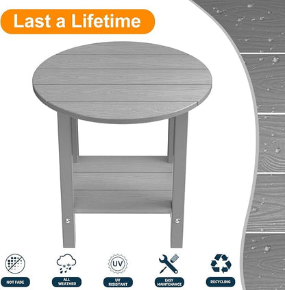MXIMU Round Outdoor Side Table Adirondack Tables 18 Inch Chairside End Tables with Storage Shelf, 2-Tier Plastic Patio Side Table, Weather Resistant for Balcony Backyard Lawn (Grey, 2 Pack)
