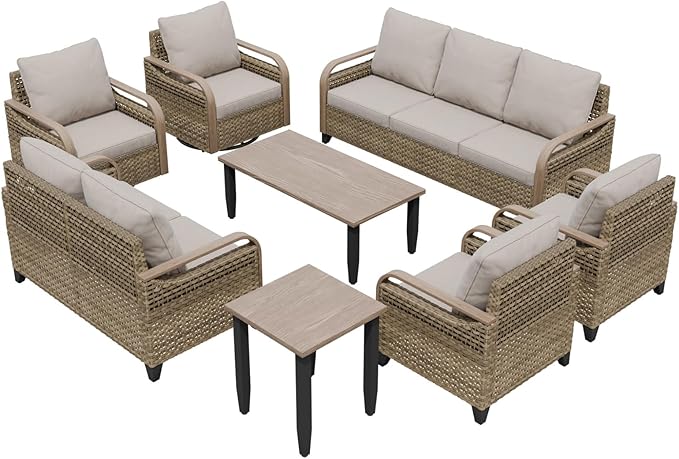 COOS BAY Modern Wicker Outdoor Furniture Set, Patio Conversation Set with Swivel Rockers, Patio Chairs, 3 Seat Couch, Loveseat, Coffee Table and Side Table, 8 Piece, Brown/Gray