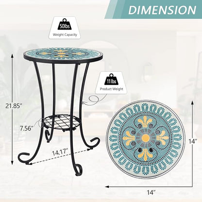 VCUTEKA Outdoor Side Table Mosaic Patio Table Accent Tables Mosaic Tile Top Metal Frame Small End Tables Porch Beach Patio Garden Balcony Green 14''