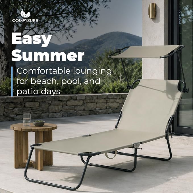 Folding Outdoor Set of 2 Lounge Chairs with Canopy - Portable & Adjustable Beach Lounge Chair - 5-Positions, Carry Handles, 600D Fabric, 220 lbs Capacity – Tanning Chaise Lounge for Beach, Patio, Lawn