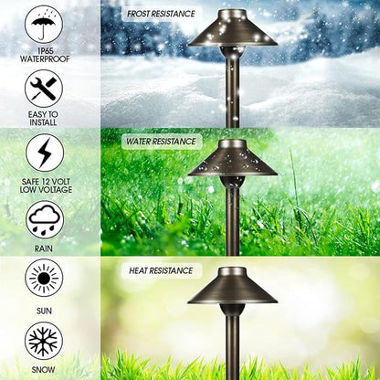 LED Pathway 124 Landscape Light (6 Pack) 12V Solid Brass Low Voltage LED Light G4 3.5W 2700K Bulb Outdoor Mushroom Security Garden Patio Deck Pool Area Light for Beautiful Bright