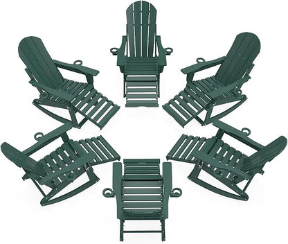 Adirondack Rocking Chairs Set of 6 with Retractable Ottoman, All Weather Folding Adirondack Chair with Two Cup Holders, Adirondack Outdoor Rocking Chairs for Porch, Patio, Balcony. Dark Green