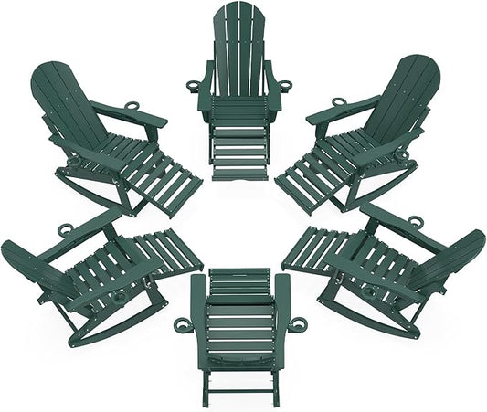 Adirondack Rocking Chairs Set of 6 with Retractable Ottoman, All Weather Folding Adirondack Chair with Two Cup Holders, Adirondack Outdoor Rocking Chairs for Porch, Patio, Balcony. Dark Green