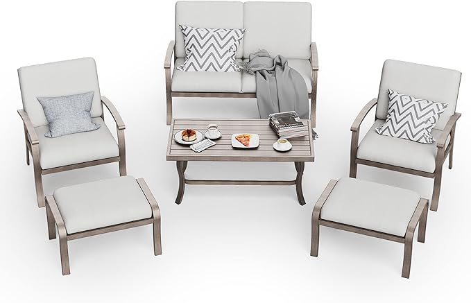 HAPPATIO 6 Piece Aluminum Patio Furniture Set, Outdoor Armchairs with Ottomans and Loveseat, Outdoor Sectional Sofa with Comfortable Cushions and Coffee Table(Gray)