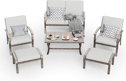 HAPPATIO 6 Piece Aluminum Patio Furniture Set, Outdoor Armchairs with Ottomans and Loveseat, Outdoor Sectional Sofa with Comfortable Cushions and Coffee Table(Gray)