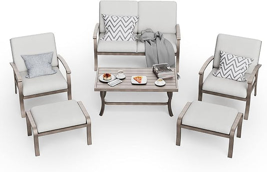 HAPPATIO 6 Piece Aluminum Patio Furniture Set, Outdoor Armchairs with Ottomans and Loveseat, Outdoor Sectional Sofa with Comfortable Cushions and Coffee Table(Gray)