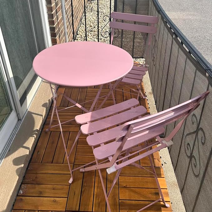 3-Piece Patio Bistro Set Outdoor Furniture Set Folding Bistro Table and Chairs with Premium Steel Frame Weather Resistant Conversation Set for Bistro Balcony Porch Yard Garden(pink with cushion)