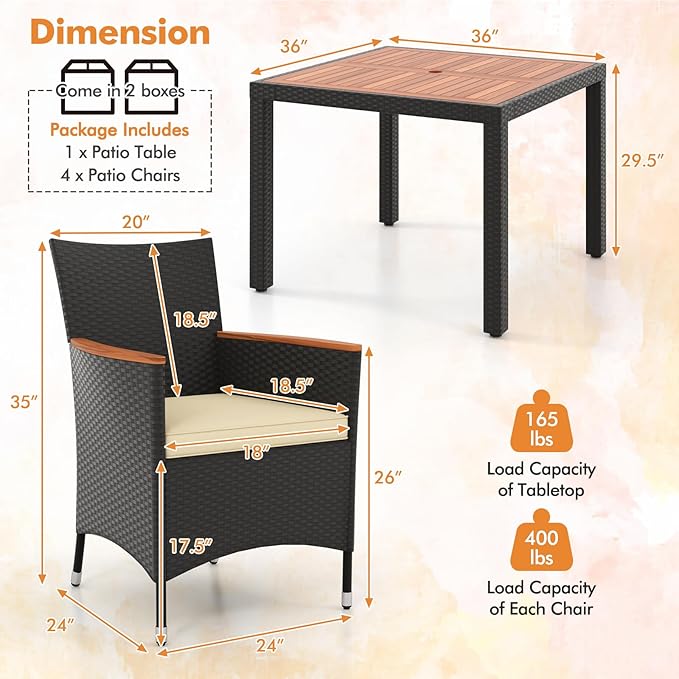 Tangkula 5 Pieces Patio Dining Table Set for 4, Rattan Conversation Set with Umbrella Hole, Seat Cushions & Acacia Wood Tabletop, Outdoor Dining Table with 4 Chairs for Backyard, Poolside & Deck
