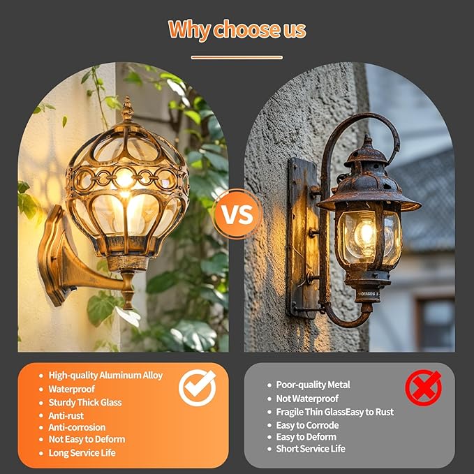 Globe Outdoor Wall Lights with Dusk to Dawn Sensor,Waterproof Gold Sphere Outside Wall Light Fixtures, Anti-Rust Exterior Aluminum Round Porch Lights for Patio Porch Backyard Garage，Large