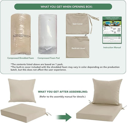 Outdoor Chair Cushion Weather Resistant, Backrest and Seat Cushion Set for Patio Furniture with Waterproof Removable Cover, 19 x 19 Inch, Cream, Set of 4