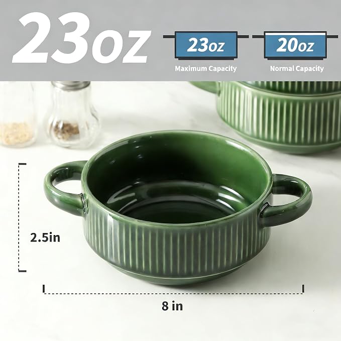 Soup Bowls with Handles, 23 oz French Onion Soup Crocks, Stackable Soup Bowl Oven Safe for Chili, Beef Stew, Embossment Ceramic Bowl Set - 5.4 Inch, Set of 4 (Green)