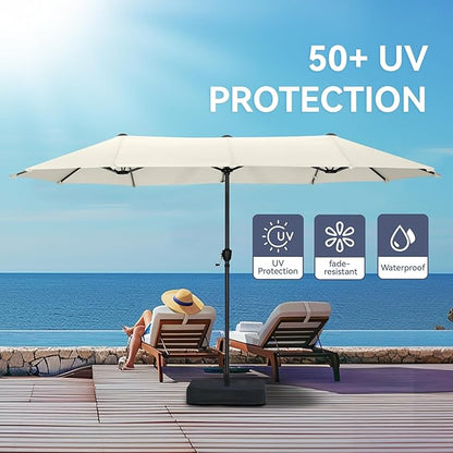 GREEN PARTY 13ft Rectangle Patio Umbrella, Double Sided Outdoor Table Umbrella with Crank & 1.5" Pole, Large Market Umbrella for Poolside Garden Deck Backyard, Ivory