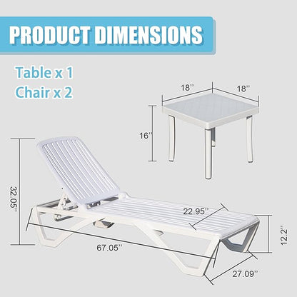 Domi Patio Outdoor Chaise Lounge Chair, All-Weather Plastic Adjustable Reclining Lounger, Stackable Tanning Lounge Chair w/Wheels and Side Table, for Beach Garden Lawn Pool(2 White Chairs W/Table)