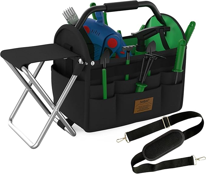 14 Inch Gardening Tool Bag with Stool, Waterproof Storage Tote, Foldable Metal Handle & Shoulder Strap, Relieve Fatigue