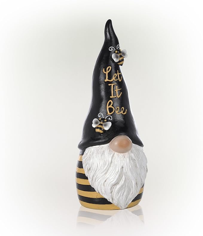Alpine Corporation 12" H Let It Bee Indoor/Outdoor Garden Gnome Statue, Black/Yellow