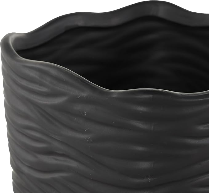 Deco 79 Ceramic Indoor Outdoor Planter Wavy Ribbed Large Planter Pot with Attached Saucer, Set of 3 Planters 7",6",5" H, Black