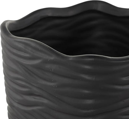 Deco 79 Ceramic Indoor Outdoor Planter Wavy Ribbed Large Planter Pot with Attached Saucer, Set of 3 Planters 7",6",5" H, Black
