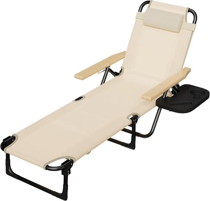 Foldable Chaise Lounge Chair Outdoor, 4-Position Reclining Outdoor Lounge Chairs with Wooden Armrest, Folding Sun Lounger with Removable Pillow for Garden Beach Patio Camp (Beige)