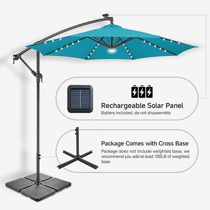 Solar Offset Patio Umbrella - 10 ft Solar Cantilever Umbrella Outdoor with 40 LED Lights and Cross Base, UV Protection for Garden, Deck, Backyard, Pool, Porch (Aqua Blue)