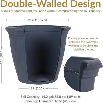 Sunnydaze 20-Inch Anjelica Large Plastic Pot for Plants - Double-Walled Outdoor Polyresin Round Planter Porch Pot with Drillable Drainage Holes - Slate - 2pk