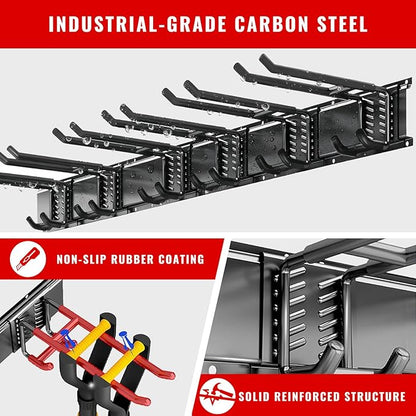 Garage Tool Organizer Wall Mount, Easy to 48inch Install Heavy-Duty Garage Storage System with Adjustable 9 Hooks, Garden Tool Rack for Shovels, Rakes, Yard Tools