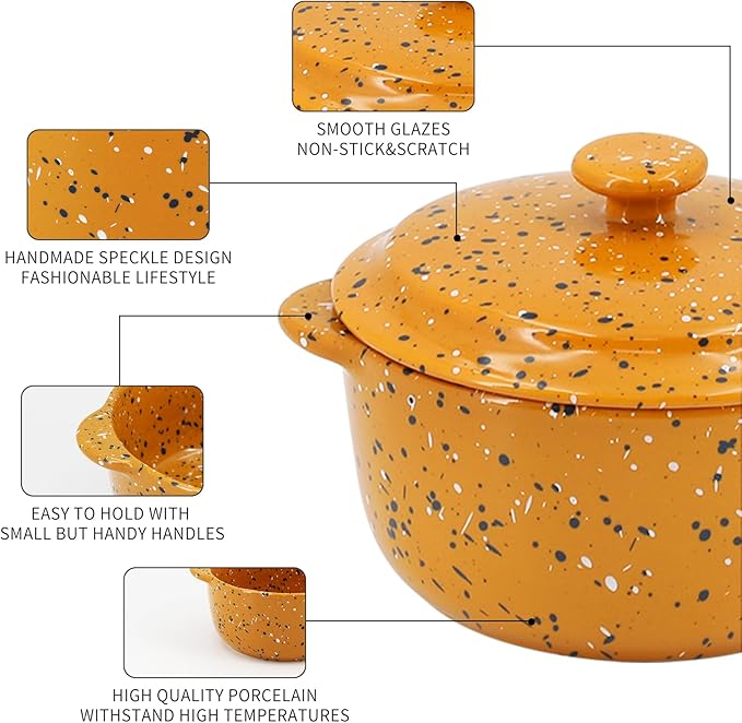 Stoneware Baking Ramekins Set of 4-10 Oz Mini Cocotte with Handles & Lids - Perfect for Oven Baking Souffle, Soup, Cobbler, Individual Serving Casserole Dishes, Orange