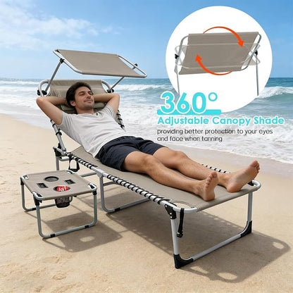Outdoor Tanning Chair with Sun Canopy Shade & Face Hole, Folding Lounge Chair with Beach Table and Carry Bag for Poolside Sunbathing Lawn