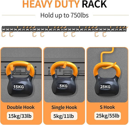 Garden Tool Organizer Wall Mount - Garage Storage and Organization Yard Tool Hanger with Adjustable Pegboard Hooks Shed Rack for Broom Mop Shovel Rake Trimmers, 64 inch Max 750lbs, Black