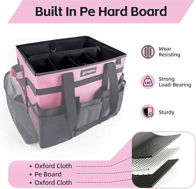Large Rolling Cleaning Caddy Bag with Wheels, with Detachable Trolley, Cleaning Bags on Wheels for Housekeepers, Cleaning Cart Supplies Organizer for Home, Car, Picnic (Pink)