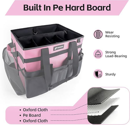 Large Rolling Cleaning Caddy Bag with Wheels, with Detachable Trolley, Cleaning Bags on Wheels for Housekeepers, Cleaning Cart Supplies Organizer for Home, Car, Picnic (Pink)