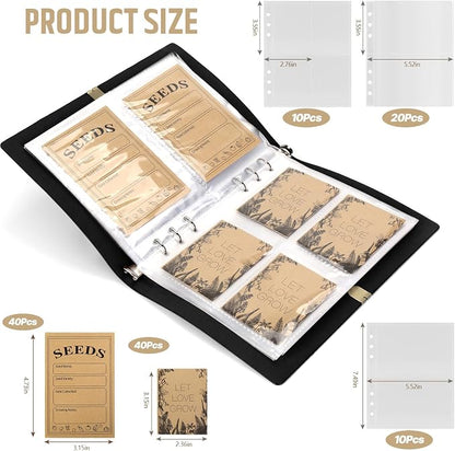 Seed Storage Organizer, Seed Packet Organizer Binder with 80Pcs Garden Seeds Storage Envelopes and 40 Clear Pocket Sheet Protectors for Protecting Vegetable Seeds (Black, 9.1 x 6.5inch)