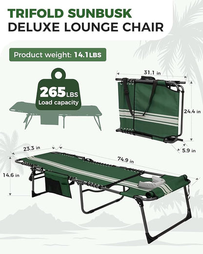 KingCamp Tanning Chair with Face Hole, Lounge Chairs Outdoor Folding Portable Comfy Adjustable 5-Position Lay Flat Foldable Chaise Chaser Lounger for Outside Beach Patio Sun Bathing Pool, Green/White