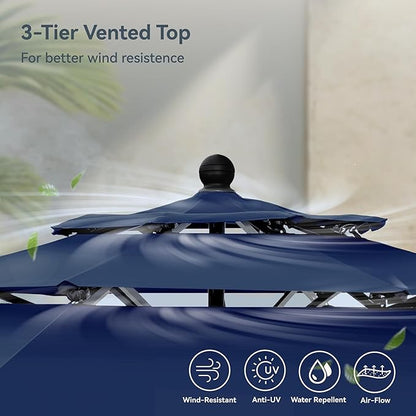 PHI VILLA 5 Piece Outdoor Dining Set with 10ft Umbrella (Navy Blue), Patio Table and Chairs for 4 with Lightweight Folding Dining Chairs & Metal Square Dining Table for Yard, Garden and Deck