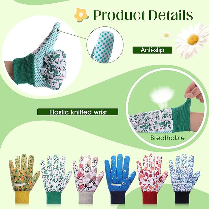 Garden Gloves for Women 9.5" Floral Gardening Gloves Lightweight and Machine Washable Gift for Gardeners PVC Grip