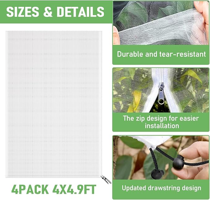 Fruit Tree Netting, Plant Mesh Netting for Garden Protection, Blueberry Bush Insect Netting Cover as Garden Pest Barrier from Cicadas, Bug, Bird (4.9x4 FT, 4Pcs, Zipper & Drawstring Design)