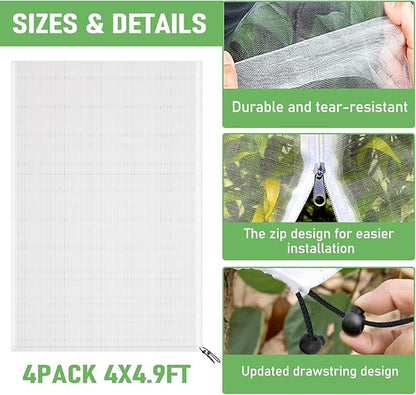 Fruit Tree Netting, Plant Mesh Netting for Garden Protection, Blueberry Bush Insect Netting Cover as Garden Pest Barrier from Cicadas, Bug, Bird (4.9x4 FT, 4Pcs, Zipper & Drawstring Design)